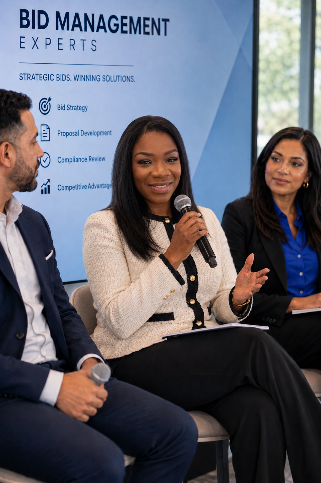 Kemi Solanke speaking on the Bid Management Experts panel alongside industry leaders